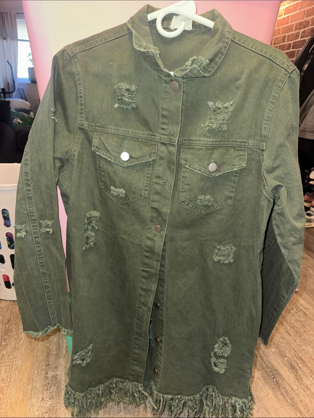 BiBi Olive Green Distressed Long Denim Jacket